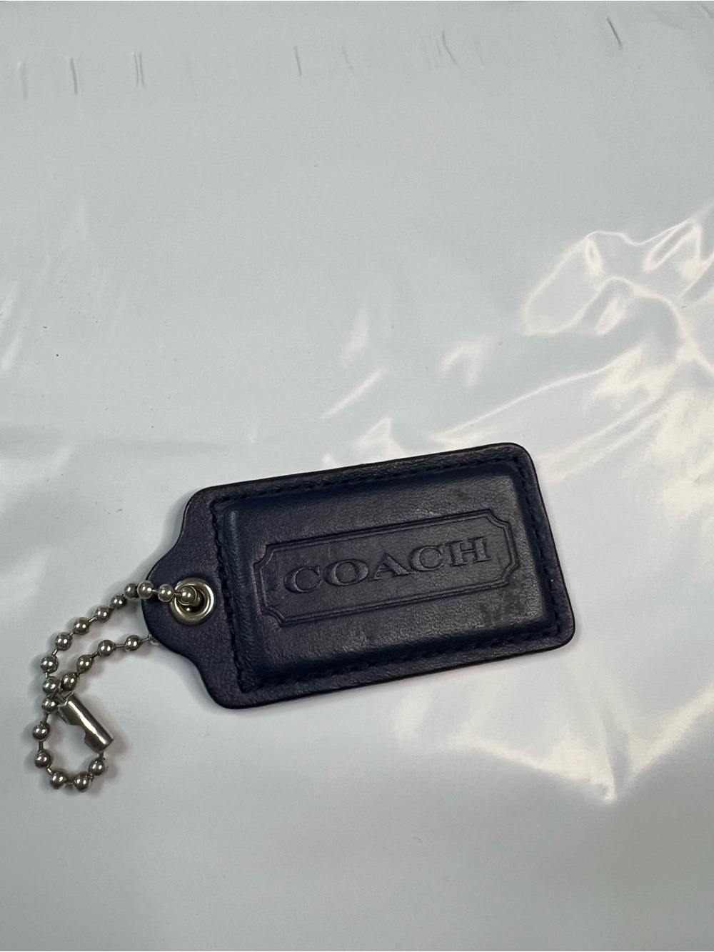 Coach dark navy blue Leather Embossed Logo Key Tag with Ball Chain